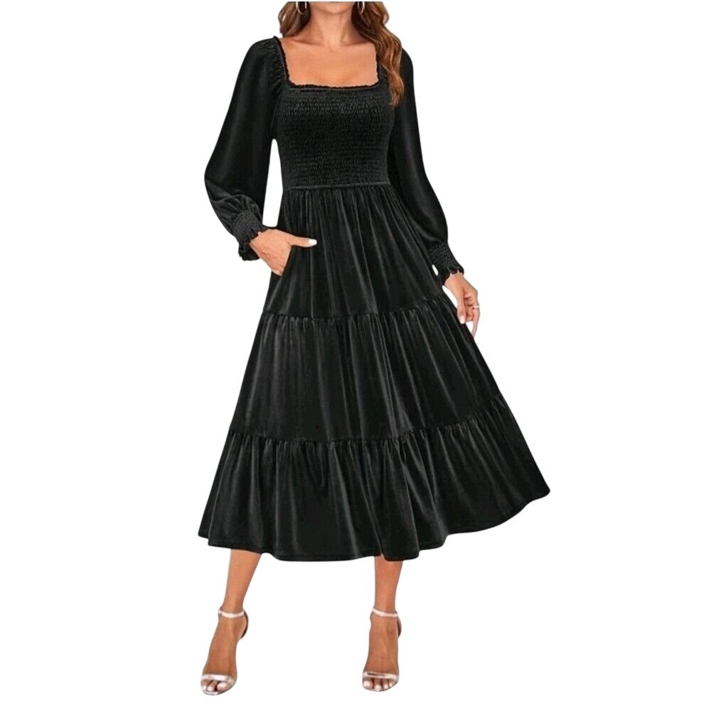 ZESICA Velvet Midi Dress Womens Medium Black Smocked Tiered Balloon Sleeve New